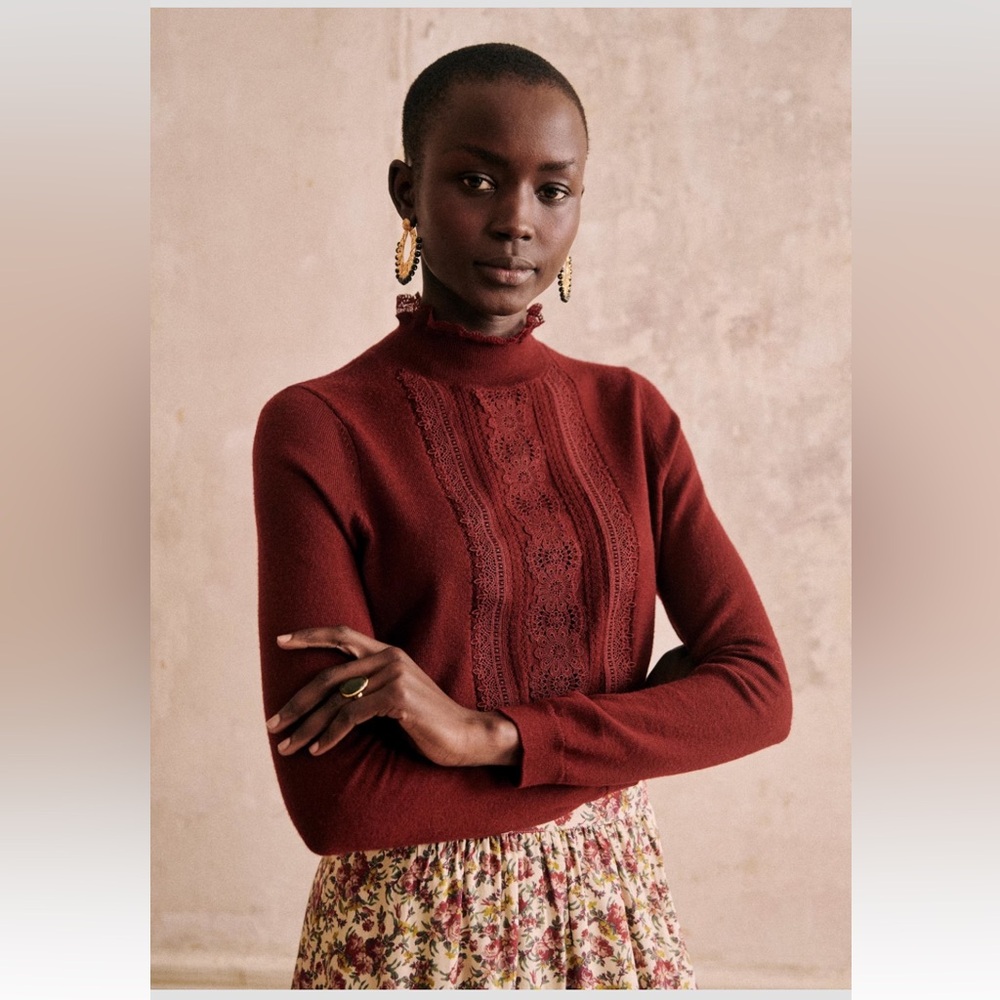 Sezane Burgundy Lace Detail “Kate” Sweater in Merino Wool size XS